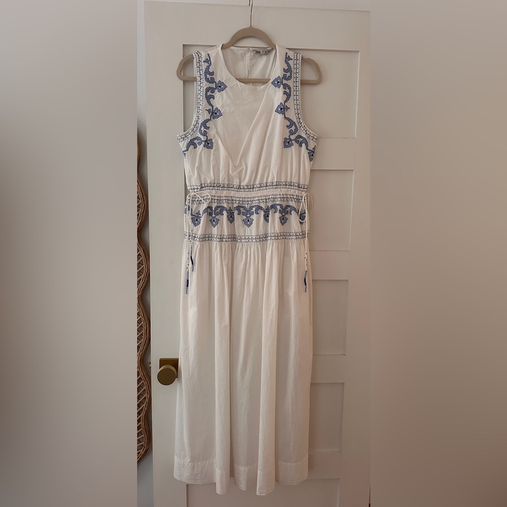 Zara White Maxi Dress with Blue Embroidery